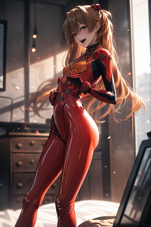 (( best quality)), ((masterpiece)), (be familiar with),  perfect face, indoor, bedroom,  viewer,
One woman,  Soryu Asuka Langley ,
 open mouth,  ecstatic expression with hands in front of body, blush, smile,
Small breasts,  flat chested, Young girl, Lori,  s,  girl,
 long hair,  twin tails,
Leg spread,