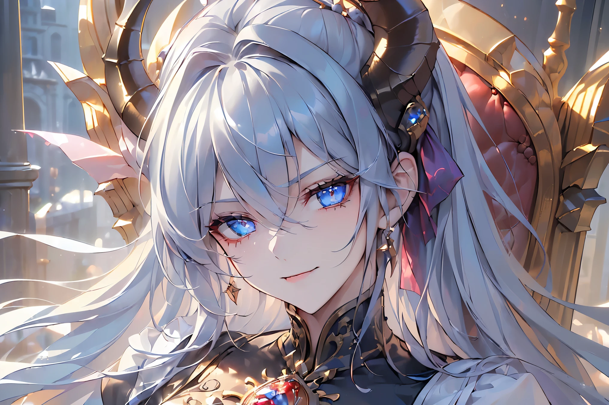 (((Best quality, 8k, Masterpiece: 1.3)), ((best quality)), ((masterpiece)), (detailed), perfect face, perfect body, (detailed skin:1.3), (intricate details), blue hair, expressive hair, messy hair, demon horns, dragon horns, raised eyebrows, evil smile, demon queen, royal, throne, inferno,  jewel ring, Hair accessories, Baroque palace