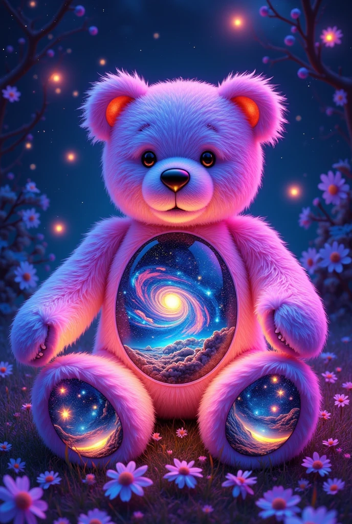  A whimsical, hyperdetailed illustration of a mystical wonderland, reminiscent of the dreamlike quality found in the works of James Gurney, Syd Mead, and Ash Thorp, where a multitude of teddy bears, each approximately 3-4 feet in height, congregate in a lush, iridescent meadow. The teddy bears, crafted with an incredible level of texture and realism, radiate a soft, ethereal glow, as if infused with an inner light, with their plush fur shimmering in a kaleidoscope of neon hues - electric blues, radiant pinks, and sunshine yellows. Upon closer inspection, each teddy bear's body contains a miniature, swirling galaxy, complete with glowing starry night skies, nebulas, and stardust, as if the very fabric of space and time has been distilled within their cuddly forms. The atmosphere is alive with an otherworldly energy, as if the wonderland exists in a state of weightless, perpetual wonder. glowing neon