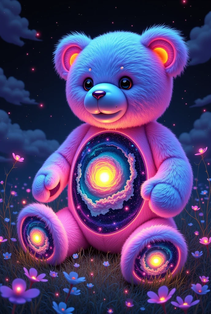  A whimsical, hyperdetailed illustration of a mystical wonderland, reminiscent of the dreamlike quality found in the works of James Gurney, Syd Mead, and Ash Thorp, where a multitude of teddy bears, each approximately 3-4 feet in height, congregate in a lush, iridescent meadow. The teddy bears, crafted with an incredible level of texture and realism, radiate a soft, ethereal glow, as if infused with an inner light, with their plush fur shimmering in a kaleidoscope of neon hues - electric blues, radiant pinks, and sunshine yellows. Upon closer inspection, each teddy bear's body contains a miniature, swirling galaxy, complete with glowing starry night skies, nebulas, and stardust, as if the very fabric of space and time has been distilled within their cuddly forms. The atmosphere is alive with an otherworldly energy, as if the wonderland exists in a state of weightless, perpetual wonder. glowing neon