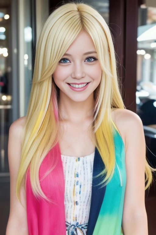 (((Blonde and colorful hair here and there:1.1))),  with an embarrassed smile、、whole body