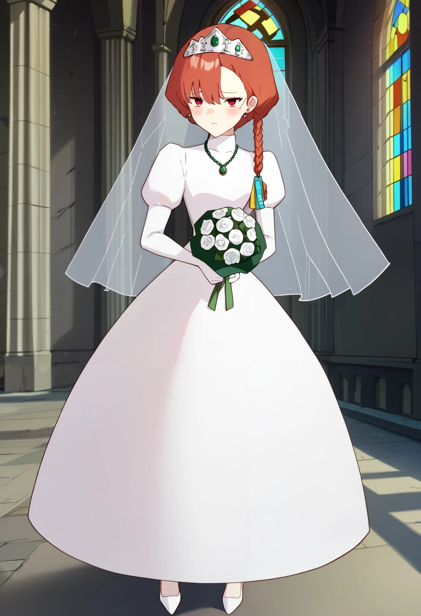 (score_9, score_8_up, score_7_up)、、mikamo_black、Red eyes、 Mole Under Eye 、 orange hair、 shorthair、Big hair、Asymmetrical bangs、 braids 、Stud earrings、 tiara 、Veil、 white dress、 Long Sleeve 、 turtleneck、 elbow gloves 、、Veil、White hood、 Ruby Necklaces、 white dress、 turtleneck、 Juliet Sleeve、 white knee socks 、 white high heels、indoor、church、blush、( wearing a pure white A-line wedding dress : 1.5) ,((( holding a bouquet of white roses : 1.2))) ,