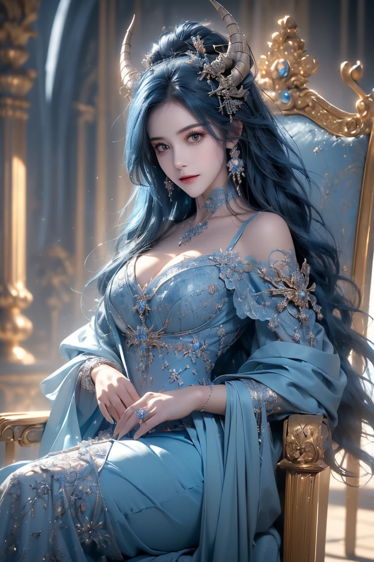 ( High quality , ultra detailed, careful with hand )Zodiac - Sagittarius goddess , similar to latin goodness . Optimistic, fair-minded, funny and intellectual face . Reckless, cold-hearted, impatient, overconfident style . Dark blue eyes (eyes detail) , deep blue hair with bling bling , transparent dress , in the ocean with stars , whole body , fire make up look , god Chiron