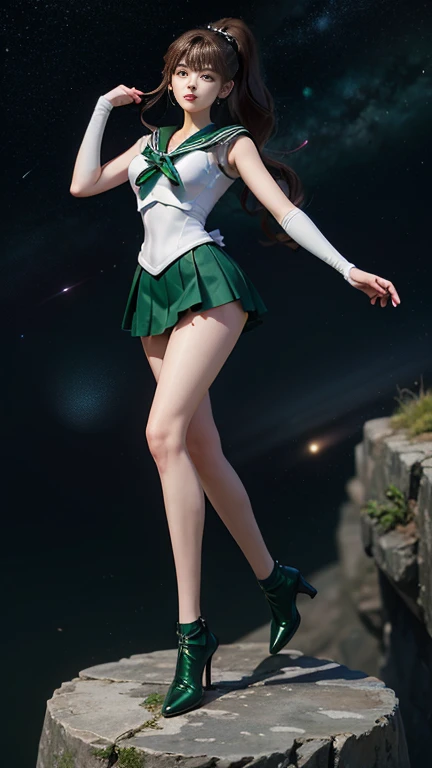 masterpiece,best quality,absurdres,perfect ???????,sama1,tiara,Sailor Moon Jupiter,white gloves,green sailor collar,green skirt,star choker,elbow gloves,pleated skirt,bare legs,purple bow,space,moon,cowboy shot,smile,flame bow,