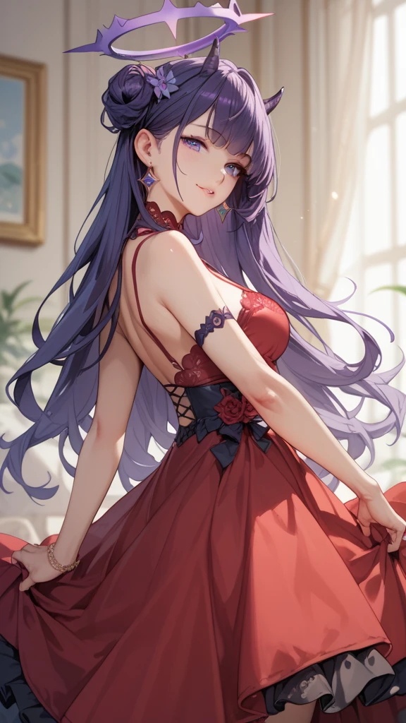 anime demon body purple black and purple halo hair eye red dress black 
