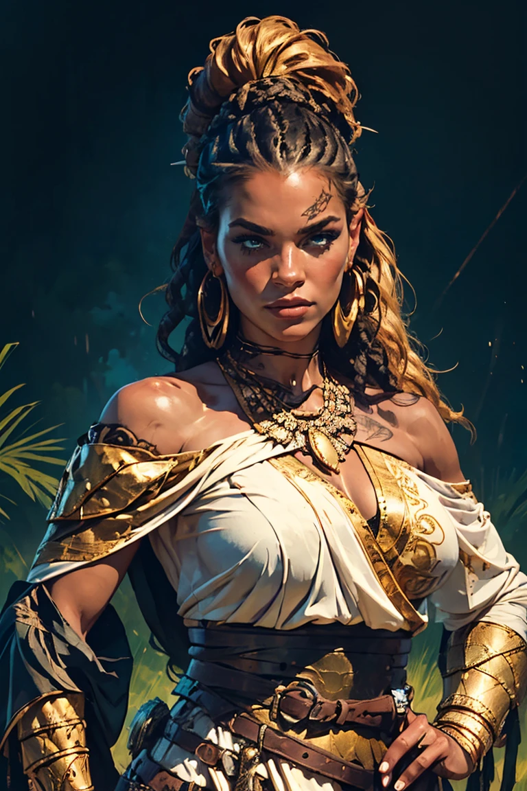 A digitally drawn illustration depicting an epic fantasy scene, featuring a sexy, busty and seductive female warrior (exposed breasts, exposed breasts) in the foreground, slightly to the right of center. She has long brown hair that flows gracefully behind her back, intricately braided with a golden headband adorned with small feathers and beads. Her face is riddled with battle scars, adding to her fierce feel. The warrior wears elaborate white armor with gold details, including embellished shoulder pieces, a circular patterned chest plate, and a protective cup on her left shoulder. Her outfit is complemented by a striking bejeweled necklace and matching gold earrings. She holds a long staff with a triangular blade on top, gripping it tightly in both hands. The staff features intricate metalwork with bronze highlights and a dark wooden hilt. Behind her, a large, graceful white ape stands out in the background. Its lush mane and strong power add to the grandeur of the scene. The ape’s fur is meticulously drawn with soft details and textures, while its piercing amber eyes reflect strength and intelligence. The bright, natural light emphasizes the warrior’s unwavering gaze, creating dramatic shadows that enhance the textures of her clothing and accessories. The overall composition emphasizes the contrast between the human and animal figures, creating a harmonious yet vibrant visual experience. The color palette incorporates warm hues such as beige, golden yellow, and brown, with high contrast and medium color intensity, giving the artwork an intense and mysterious mood.