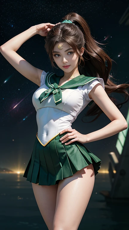 masterpiece,  high definition ,8k resolution, high definition model, SAILOR MOON JUPITER , beautiful young Japanese woman ,1 person, STANNING HIGH ,A small smile,Thursday's Space Background ,( GREEN SAILOR WARRIOR UNIFORM), GREEN ULTRA SHORT MINI SKIRT , beautiful face,Cute type,Baby Face,A little round face,Beautiful green eyes, big eyes,Obvious double, shining eye highlight, Big Natural Colored Lips , LIGHT BROWN LONG HAIR , ponytail, beautiful asymmetrical bangs ,  Floating Hair Nova Frog Style,  super real, anatomically accurate , textured skin, perfect figure , beautiful legs, thick thighs ,Big Breasts,Well-balanced physique,