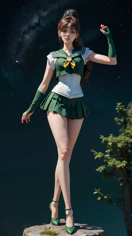 masterpiece,  high definition ,8k resolution, high definition model, SAILOR MOON JUPITER , beautiful young Japanese woman ,1 person, STANNING HIGH ,A small smile,Thursday's Space Background ,( GREEN SAILOR WARRIOR UNIFORM), GREEN ULTRA SHORT MINI SKIRT , beautiful face,Cute type,Baby Face,A little round face,Beautiful green eyes, big eyes,Obvious double, shining eye highlight, Big Natural Colored Lips , LIGHT BROWN LONG HAIR , ponytail, beautiful asymmetrical bangs ,  Floating Hair Nova Frog Style,  super real, anatomically accurate , textured skin, perfect figure , beautiful legs, thick thighs ,Big Breasts,Well-balanced physique,