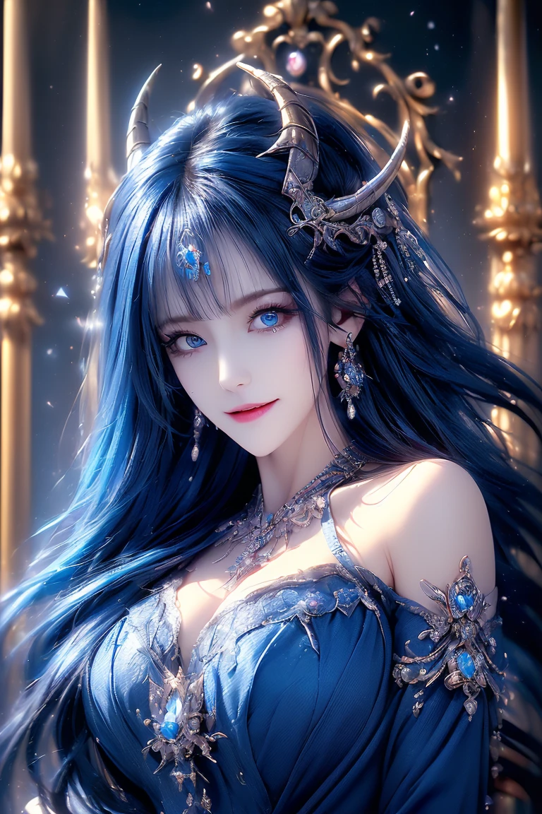 (((Best quality, 8k, Masterpiece: 1.3)), ((best quality)), ((masterpiece)), (detailed), perfect face, perfect body, (detailed skin:1.3), (intricate details), blue hair, expressive hair, messy hair, demon horns, dragon horns, raised eyebrows, evil smile, demon queen, royal, throne, inferno,  jewel ring, Hair accessories, Baroque palace