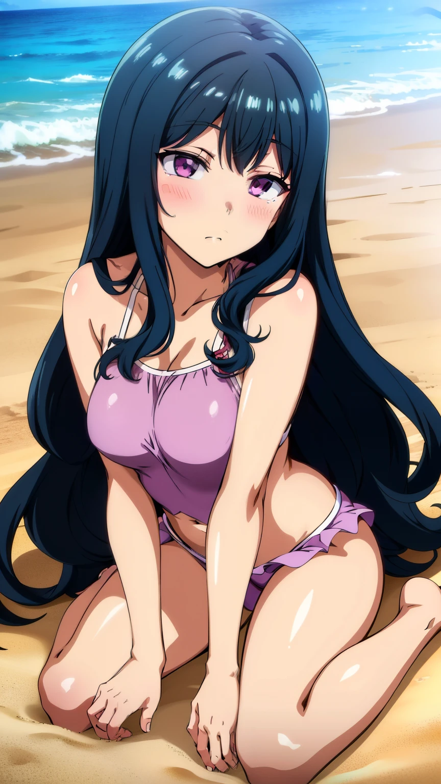 (masterpiece, best quality, high resolution, 8k:1.2), (anime coloring:1.2), nozaki yuu,anime, girl１people,(narrowed eyes, eyes half-closed, jitome), (rolling eyes:1.2), (Eye highlights:1.2), closed mouth, blue hair, very long hair, (wavy hair:1.2), purple eyes, beautiful eyes, highly detailed face, Detailed CG, expressionless, solo,(pink swimsuit, bikini, frills, beach, blushing, sitting), looking at the viewer, in the center of the image, sexy poses, dynamic angles,
