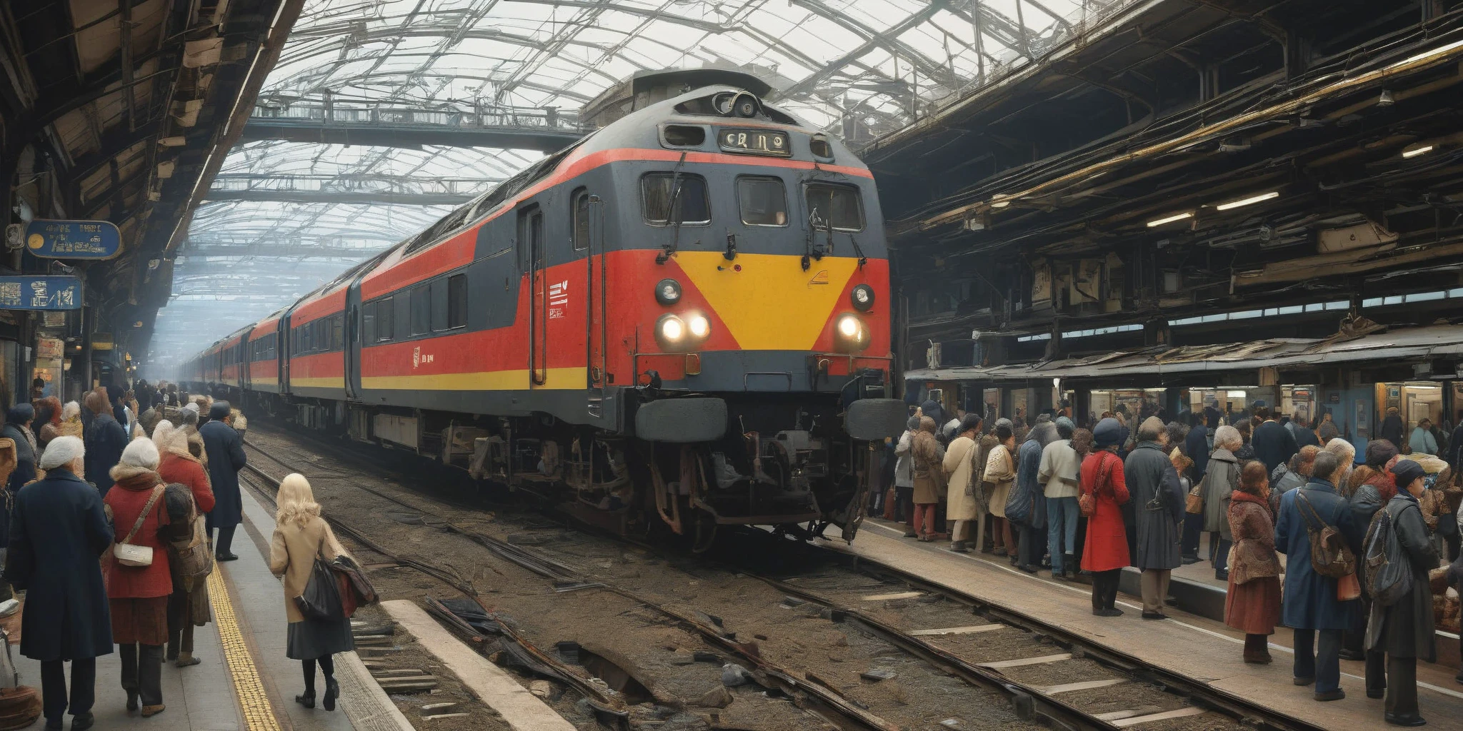 (very crowdy station:1.6),(Overcrowded crowds:1.2),(New Year’s celebration:1.2) at (London station:1.3),solo,1girl\(cute, kawaii,small ,blonde hair with red dip-dye hair,long hair,blue eyes,big eyes,caucasoid,waiting for train,head phone,JK,beautiful new year dress,(looking away:1.2),boring\). BREAK .background\((train),(trainstation:1.3) in the future,London\),long shot,wide shot,from side. BREAK .quality\(8k,wallpaper of extremely detailed CG unit, high resolution, top-quality, top-quality real texture skin, hyper realistic, increase the resolution, RAW photos, best quality, highly detailed, the wallpaper, golden ratio, high saturation realism, vibrant colors, dramatic lighting, persuasive storytelling, atmospheric scenery, captivating visuals, intricate details, strong emotions, dreamlike world\),(landscape),focus on the train,from above