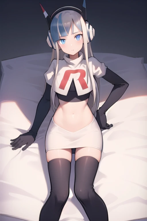 black nurse, 1womanl, Nurse Cap, blonde hair, Blue eyes, ((Black surgical mask, Cover the nose)), hospitals, surgery room, sharp outline, a matural female, 35 year old, Best Quality, masutepiece, team rocket,team rocket uniform, red letter R, white skirt,white crop top,black thigh-highs,black elbow gloves