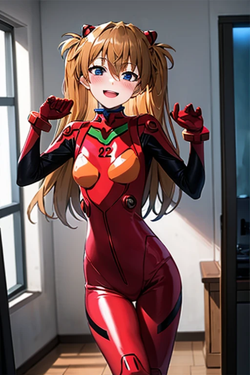 (( best quality)), ((masterpiece)), (be familiar with),  perfect face, indoor, bedroom,  viewer,
One woman,  Soryu Asuka Langley ,
 open mouth,  ecstatic expression with hands in front of body, blush, smile,
Small breasts,  flat chested, Young girl, Lori,  s,  girl,
 long hair,  twin tails,
Leg spread,