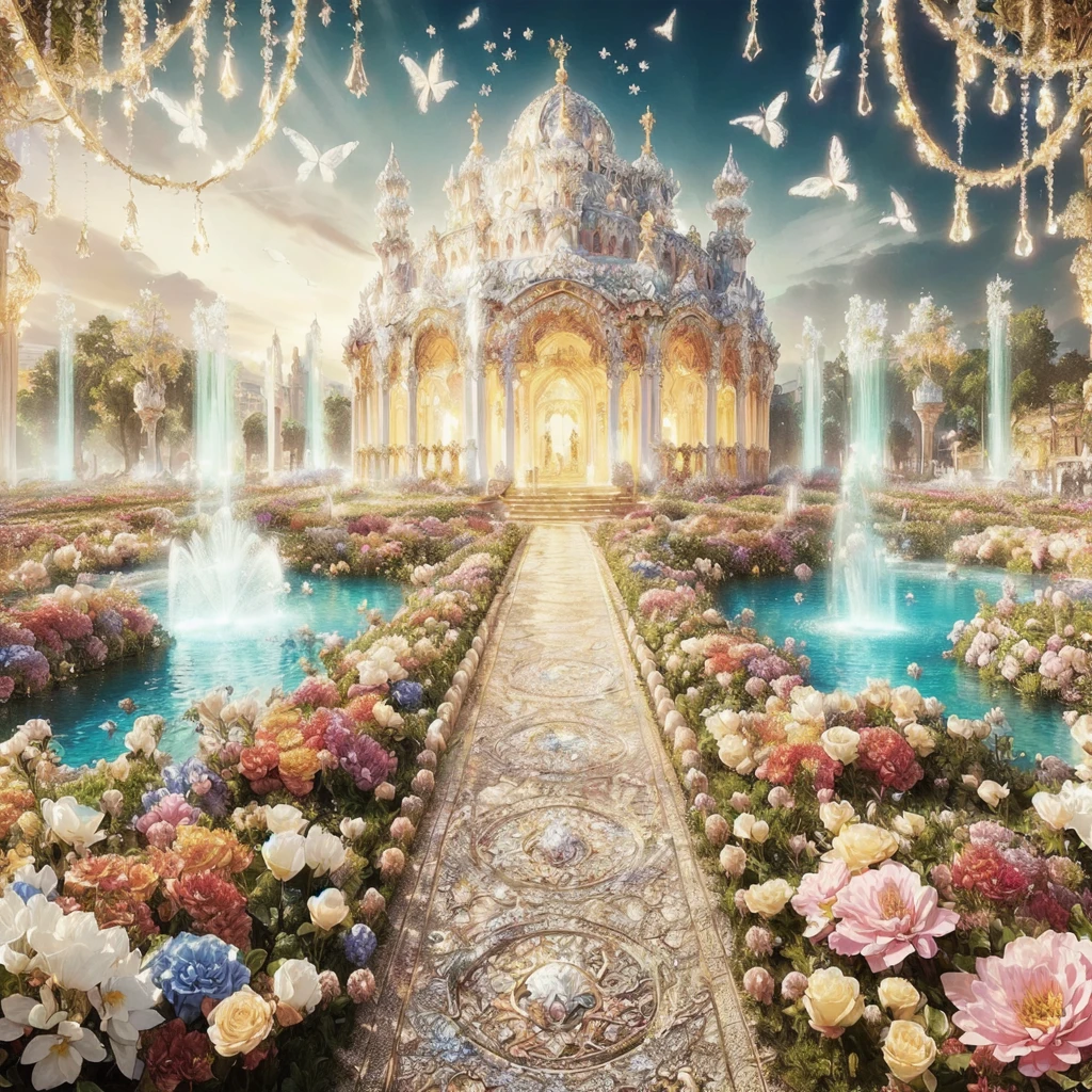 a painting of a palace with a fountain and a fountain surrounded by flowers, the grand temple of flowers, 4k highly detailed digital art, elaborate digital art, beautiful art uhd 4 k, a paradise like a fairyland, beautiful detailed fantasy, beautiful render of a fairytale, detailed fantasy digital art, light kingdom backdrop, beautiful digital artwork, beautiful eden garden, realistic