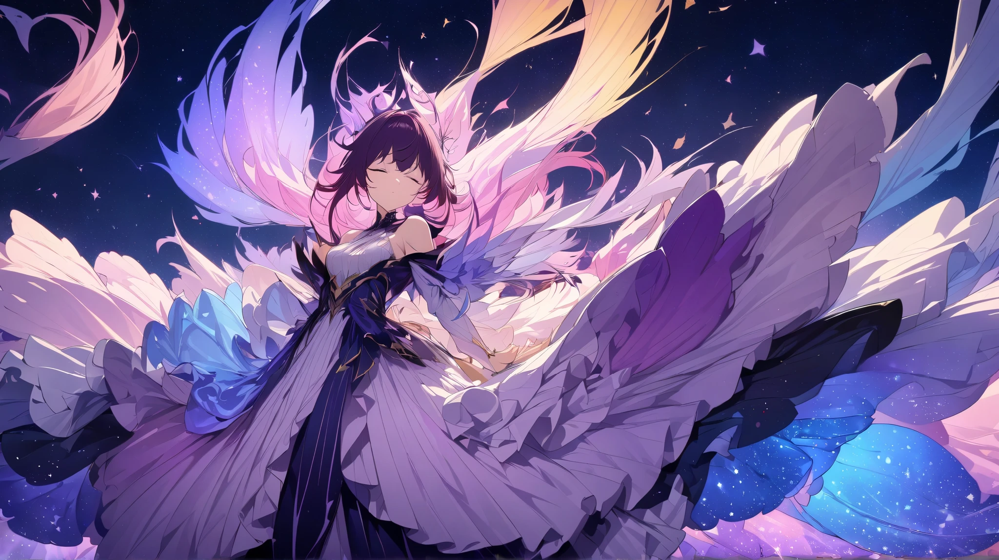 woman, Floating, Sleep, night, masterpiece, best quality, Extremely Aesthetic, super high resolution, Dream Eater,