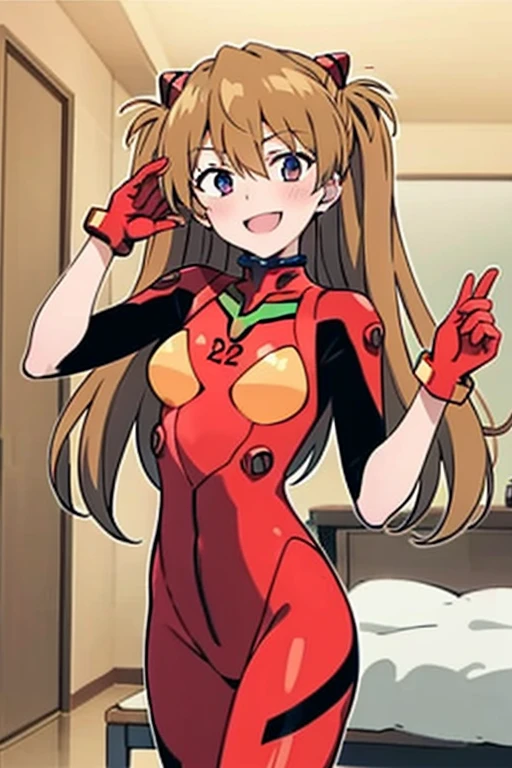 (( best quality)), ((masterpiece)), (be familiar with),  perfect face, indoor, bedroom,  viewer,
One woman,  Soryu Asuka Langley ,
 open mouth,  ecstatic expression with hands in front of body, blush, smile,
Small breasts,  flat chested, Young girl, Lori,  s,  girl,
 long hair,  twin tails,
Leg spread,