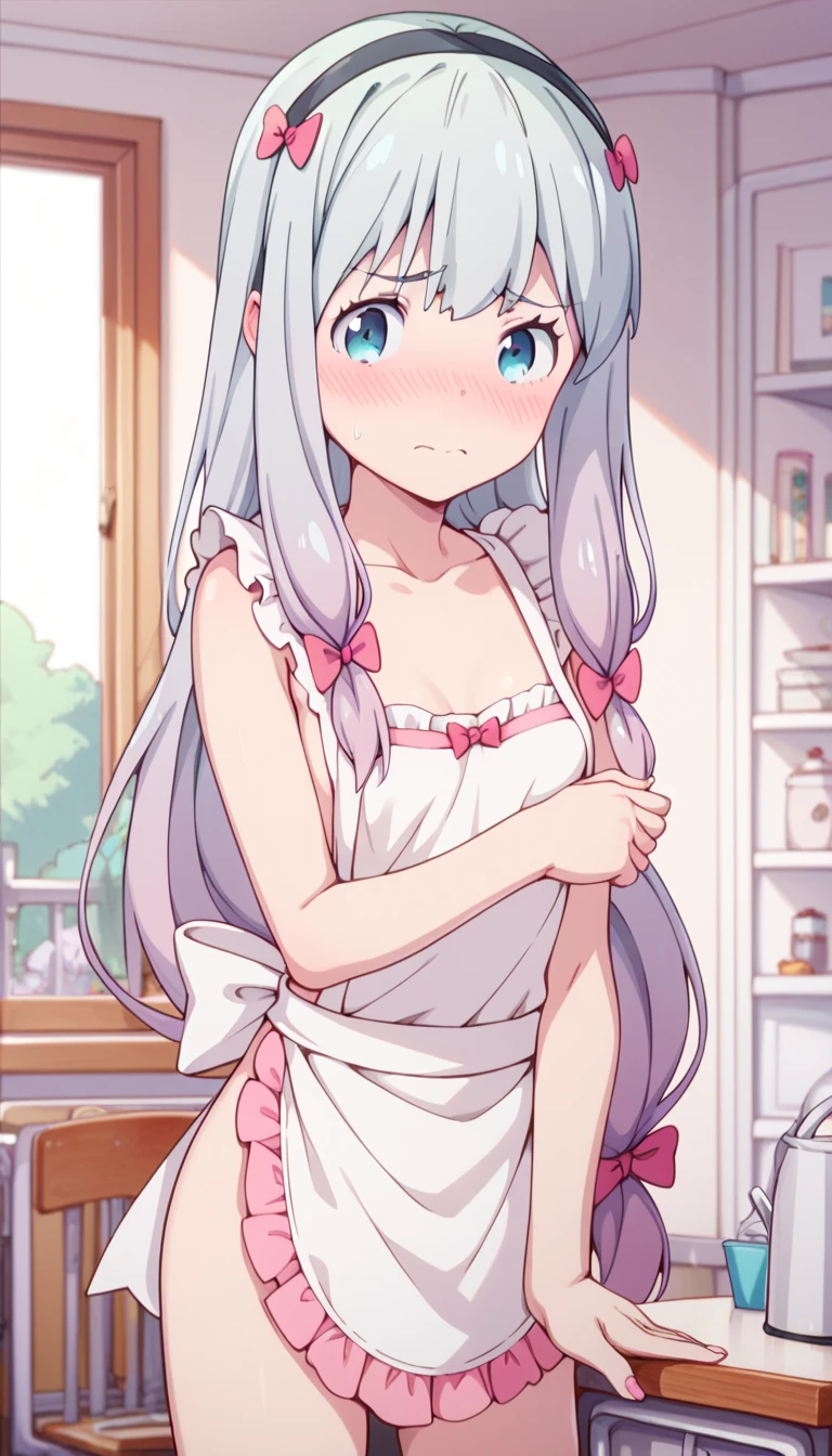 Sagiri Izumi, small breasts, posing embarrassed, red face, Suspender Naked Apron, Looking at the viewer 