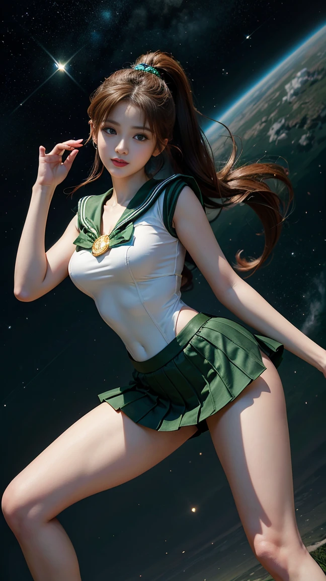 masterpiece,  high definition ,8k resolution, high definition model, SAILOR MOON JUPITER , beautiful young Japanese woman ,1 person, STANNING HIGH ,A small smile,Thursday's Space Background ,( GREEN SAILOR WARRIOR UNIFORM), GREEN ULTRA SHORT MINI SKIRT , beautiful face,Cute type,,A little round face,Beautiful green eyes, big eyes,Obvious double, shining eye highlight, Big Natural Colored Lips , LIGHT BROWN LONG HAIR , ponytail, beautiful asymmetrical bangs ,  Floating Hair Nova Frog Style,  super real, anatomically accurate , textured skin, perfect figure , beautiful legs, thick thighs ,Big Breasts,Well-balanced physique,