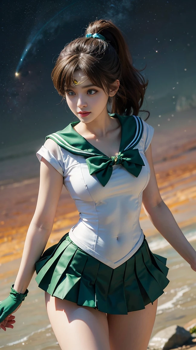 masterpiece,  high definition ,8k resolution, high definition model, SAILOR MOON JUPITER , beautiful young Japanese woman ,1 person, STANNING HIGH ,A small smile,Thursday's Space Background ,( GREEN SAILOR WARRIOR UNIFORM), GREEN ULTRA SHORT MINI SKIRT , beautiful face,Cute type,*********,A little round face,Beautiful green eyes, big eyes,Obvious double, shining eye highlight, Big Natural Colored Lips , LIGHT BROWN LONG HAIR , ponytail, beautiful asymmetrical bangs ,  Floating Hair Nova Frog Style,  super real, anatomically accurate , textured skin, perfect figure , beautiful legs, thick thighs ,Big Breasts,Well-balanced physique,