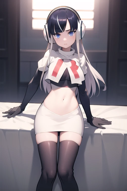 masterpiece, best quality, bw2elesa, silver hair, blue eyes, streaked hair, long sidelocks, hair ornaments, headphones, team rocket,team rocket uniform,white skirt,red letter R,crop top,black thigh-highs,black elbow gloves, looking at viewer, 