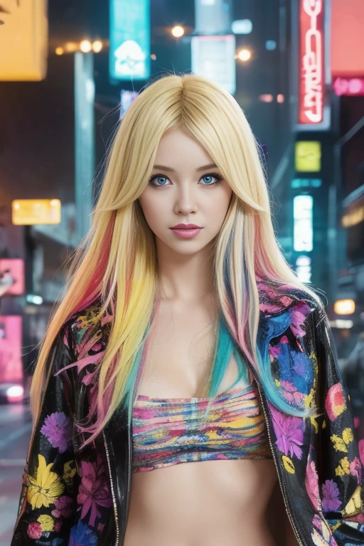 (((Blonde and colorful hair here and there:1.1))), Masterpiece, Top Quality, Great Quality、( cyberpunk :1) 、whole body