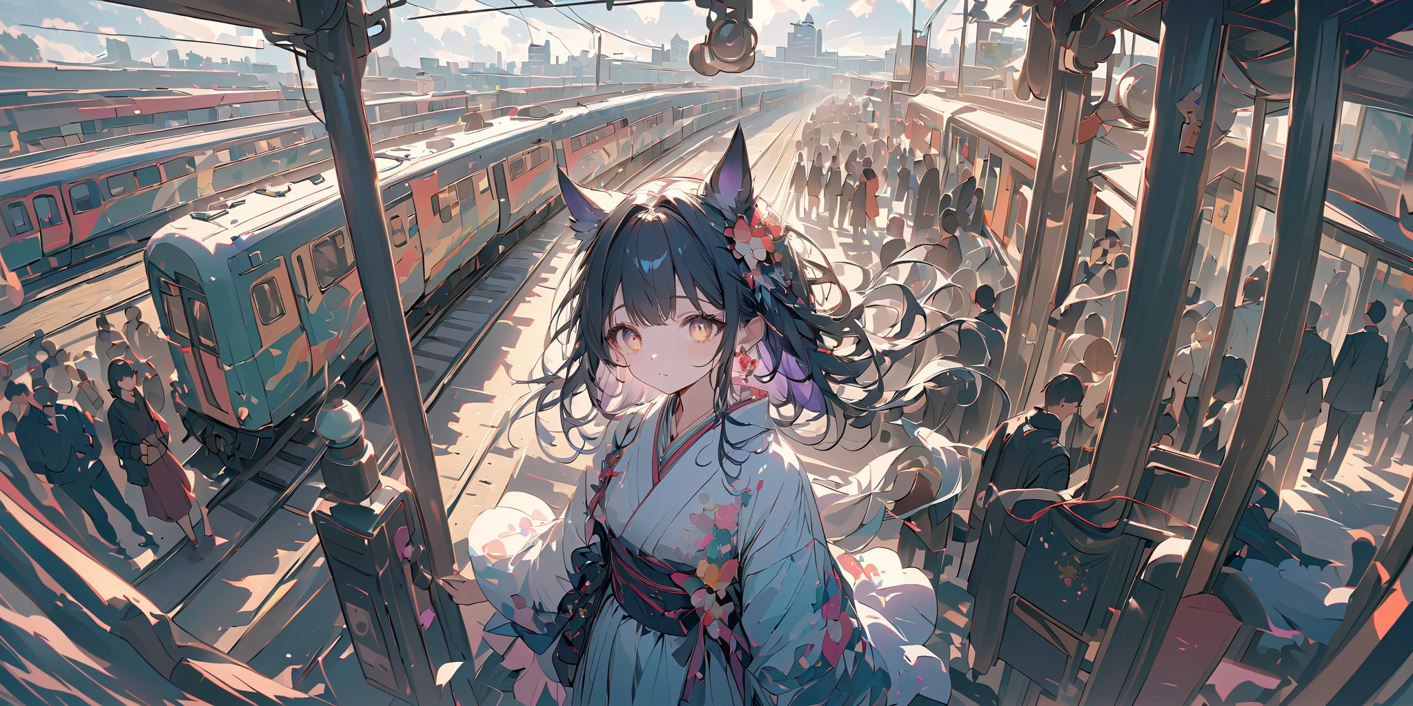 (very crowdy station:1.6),(Overcrowded crowds:1.3),people wearing kimono for (New Year's Celebration:1.3),1girl\(cute, kawaii,small ,black hair with blue dip-dye hair,pony tail hair,long hair,brown eyes,big eyes,waiting for train,head phone,JK,beautiful kimono,(looking away:1.2),boring,full body\). BREAK .background\((train),(trainstation:1.3) in the future japan,\),long shot,wide shot,from side. BREAK .quality\(8k,wallpaper of extremely detailed CG unit, high resolution, top-quality, top-quality real texture skin, hyper realistic, increase the resolution, RAW photos, best quality, highly detailed, the wallpaper, golden ratio, high saturation realism, vibrant colors, dramatic lighting, persuasive storytelling, atmospheric scenery, captivating visuals, intricate details, strong emotions, dreamlike world\),landscape,focus on the train,from above,fisheye lens