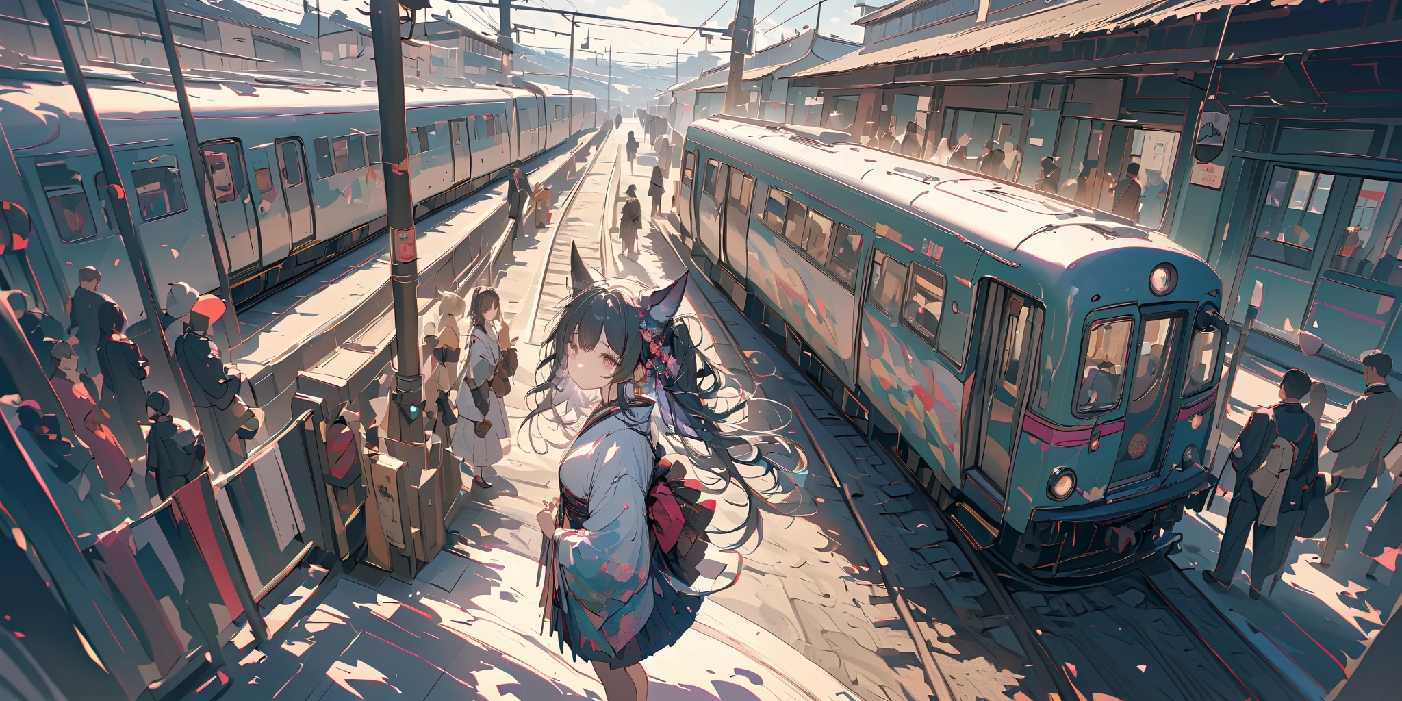 (very crowdy station:1.6),(Overcrowded crowds:1.3),people wearing kimono for (New Year's Celebration:1.3),1girl\(cute, kawaii,small ,black hair with blue dip-dye hair,pony tail hair,long hair,brown eyes,big eyes,waiting for train,head phone,JK,beautiful kimono,(looking away:1.2),boring,full body\). BREAK .background\((train),(trainstation:1.3) in the future japan,\),long shot,wide shot,from side. BREAK .quality\(8k,wallpaper of extremely detailed CG unit, high resolution, top-quality, top-quality real texture skin, hyper realistic, increase the resolution, RAW photos, best quality, highly detailed, the wallpaper, golden ratio, high saturation realism, vibrant colors, dramatic lighting, persuasive storytelling, atmospheric scenery, captivating visuals, intricate details, strong emotions, dreamlike world\),landscape,focus on the train,from above,fisheye lens