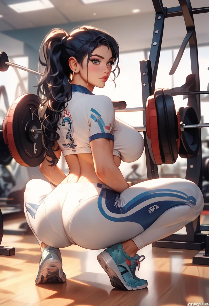 (masterpiece), best quality, expressive eyes, perfect face, ((Masterpiece, best quality)), #woman, #gorgeous,# big chest, #black hair , #gym, #rear view, #no bra, #heavyweight, #sport suit, sexy suit, Squatswoman wearing a gym outfit
