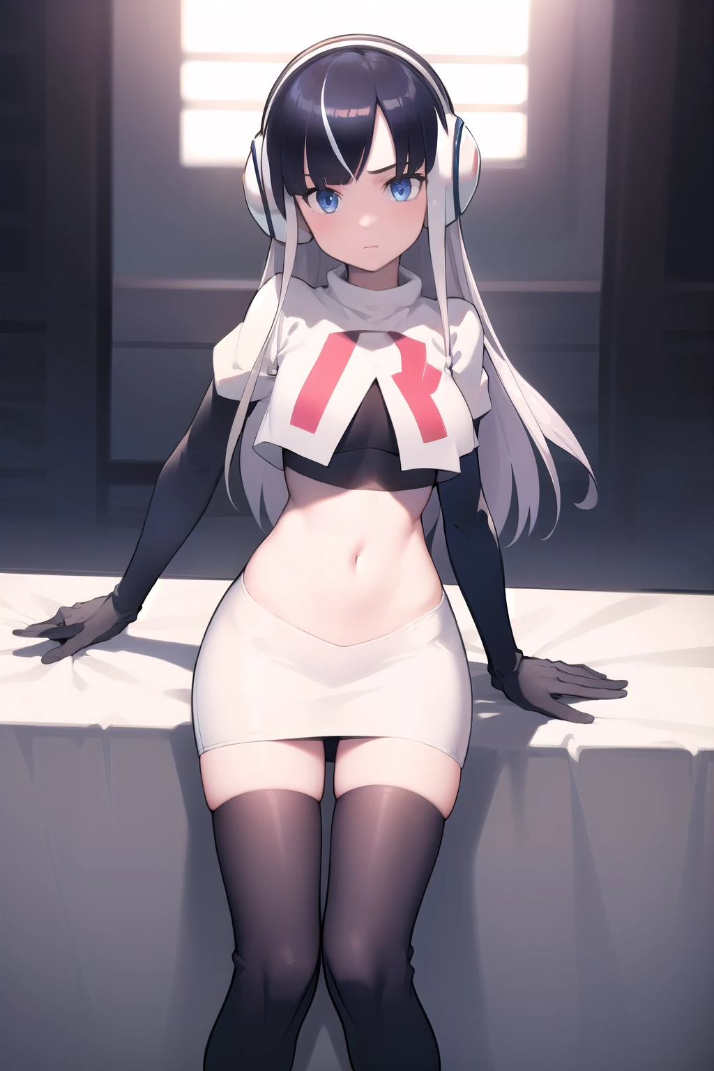 masterpiece, best quality, bw2elesa, silver hair, blue eyes, streaked hair, long sidelocks, hair ornaments, headphones, team rocket,team rocket uniform,white skirt,red letter R,crop top,black thigh-highs,black elbow gloves, looking at viewer, 