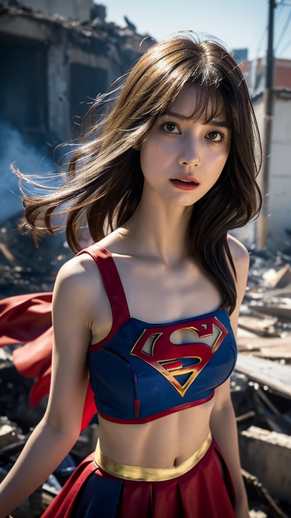 melissa Benoist, 8k, best quality, real image, intricate detail, ultra-detail, ultra-high resolution, depth field, (realistic, realistic: 1.2), masterpiece, photo 1girl, supergirl, injured, superhero, realistic, torn clothes, red kimono, (dirty, bruised, blood: 1.3), blue eyes, blonde, long hair, serious, angry, solo, (exposed torn clothes, torn clothes: 1.3), ruined city background, best quality, realistic, Realism, (complex details: 1.2), (fine details), (movie light), clear lines, sharp focus, realistic face, detailed beautiful face,  shiny nipple,  show armpit 