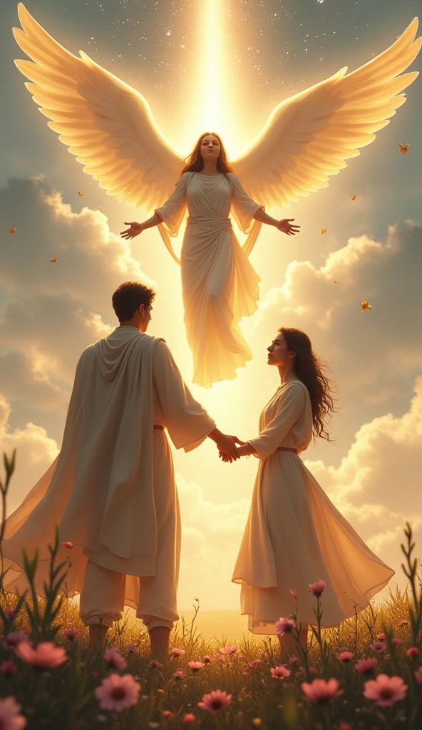 A male angel standing on the ground talking to sad people on their knees.