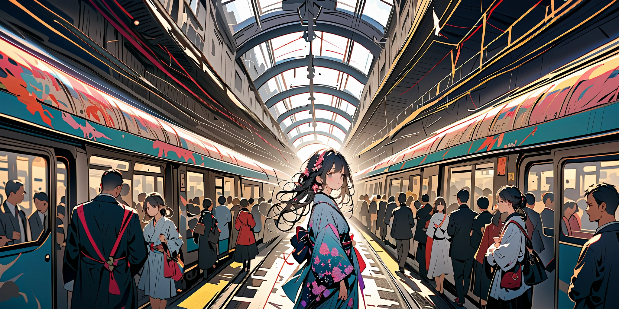 (very crowdy station:1.6),(Overcrowded crowds:1.3),people wearing kimono for (New Year's Celebration:1.3),1girl\(cute, kawaii,small ,black hair with blue dip-dye hair,pony tail hair,long hair,brown eyes,big eyes,waiting for train,head phone,JK,beautiful kimono,(looking away:1.2),boring,full body\). BREAK .background\((train),(trainstation:1.3) in the future japan,\),long shot,wide shot,from side. BREAK .quality\(8k,wallpaper of extremely detailed CG unit, high resolution, top-quality, top-quality real texture skin, hyper realistic, increase the resolution, RAW photos, best quality, highly detailed, the wallpaper, golden ratio, high saturation realism, vibrant colors, dramatic lighting, persuasive storytelling, atmospheric scenery, captivating visuals, intricate details, strong emotions, dreamlike world\),landscape,focus on the train,from above,fisheye lens