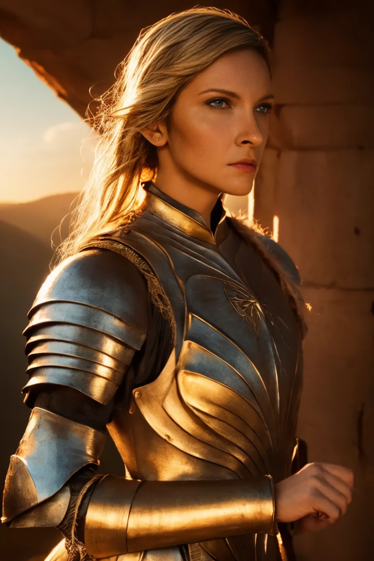 Galadriel, inspired by the series "The Rings of Power", (((L4L4 face))),  in a majestic pose at the center of the scene ,  wearing shimmering armor and elven details,  with its blond hair flowing under a golden light .  The background shows an epic landscape of golden Middle Earth ,  with distant mountains ,  dramatic sky and beams of heavenly light .  Determined expression and intense gaze ,  capturing your strength and wisdom .  Hyper-realistic details on the face and hands ,  metal texture of the highly detailed armor ,  skin illuminated with perfection ,  cinematic atmosphere , epic and glorious . natural light, 35mm photograph, film, professional, 4K, highly detailed, Golden hour lighting. Depth of field F2. Rule of Thirds Composition.
