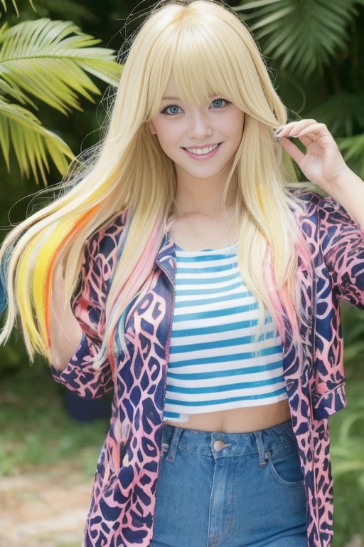 (((Blonde and colorful hair here and there:1.1))),  with an embarrassed smile、、whole body