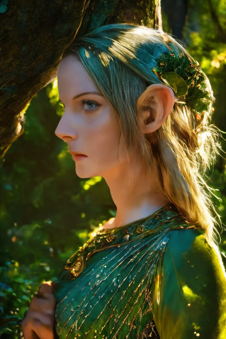 ((Close-up face portrait)). Galadriel, a radiant elven queen, standing gracefully in a magical elven forest bathed in soft, ethereal light. She is wearing a flowing green dress adorned with intricate golden embroidery, reminiscent of delicate vines and leaves, perfectly complementing the lush surroundings. Her long, silvery hair cascades over her shoulders, glowing softly in the dappled sunlight filtering through ancient, towering trees. The forest is alive with magical energy, featuring bioluminescent flowers, sparkling streams, and faint, glowing particles floating in the air. Her expression is serene and wise, her piercing eyes reflecting the timeless beauty and wisdom of the elves. The scene is infused with an otherworldly atmosphere, with fine details in the textures of her dress, the bark of the trees, and the vibrant flora. Photorealistic rendering, ultra-high-definition, with dramatic, yet soft lighting highlighting her elegance and the magical ambiance of the forest.