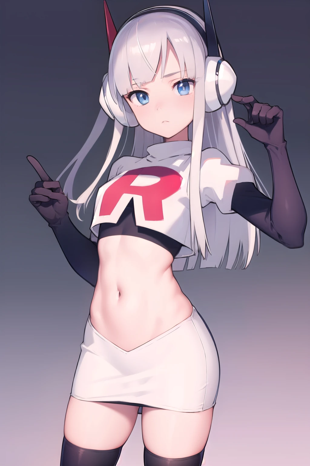 masterpiece, best quality, bw2elesa, silver hair, blue eyes, streaked hair, long sidelocks, hair ornaments, headphones, team rocket,team rocket uniform,white skirt,red letter R,crop top,black thigh-highs,black elbow gloves, looking at viewer, 