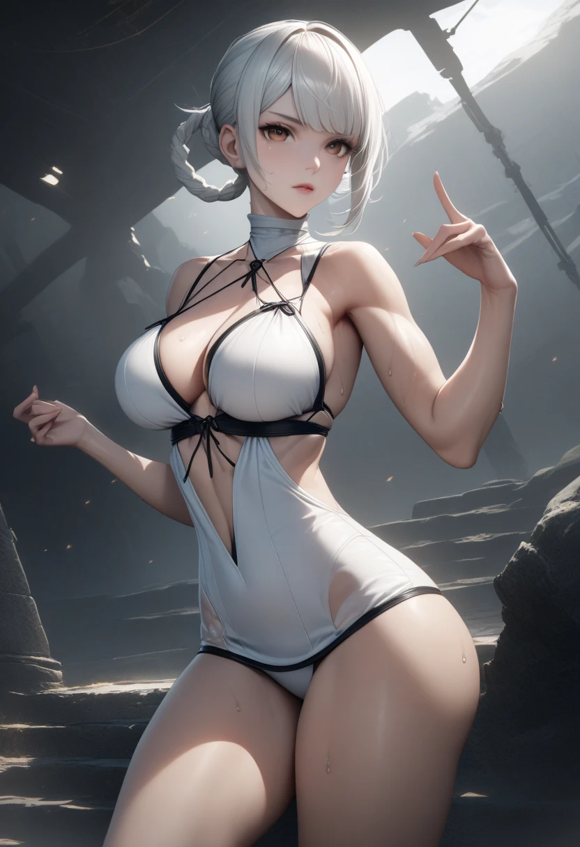 masterpiece,best quality,high resolution,8k,ultra HD,wallpaper,illustration,perfect face,cowboy shot,beautiful detailed eyes,extremely detailed face,perfect lighting,extremely detailed CG,perfect anatomy,perfect body,perfect thick,perfect hands,perfect fingers,1woman,full body,,muscle fighter body,(white short hair),brown eyes,large breasts,Medium ass,,(Replicant kaine style white sexy camisole Costumes),white panty,clothed,collarbone,looking at viewer,(),steam,sweat,(Nier: replicant character kaine),