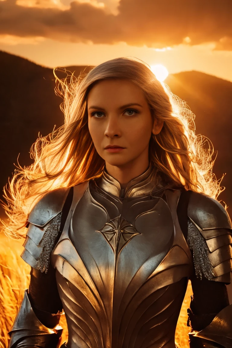 Galadriel, inspired by the series "The Rings of Power", (((L4L4 face))),  in a majestic pose at the center of the scene ,  wearing shimmering armor and elven details,  with its blond hair flowing under a golden light .  The background shows an epic landscape of golden Middle Earth ,  with distant mountains ,  dramatic sky and beams of heavenly light .  Determined expression and intense gaze ,  capturing your strength and wisdom .  Hyper-realistic details on the face and hands ,  metal texture of the highly detailed armor ,  skin illuminated with perfection ,  cinematic atmosphere , epic and glorious . natural light, 35mm photograph, film, professional, 4K, highly detailed, Golden hour lighting. Depth of field F2. Rule of Thirds Composition.
