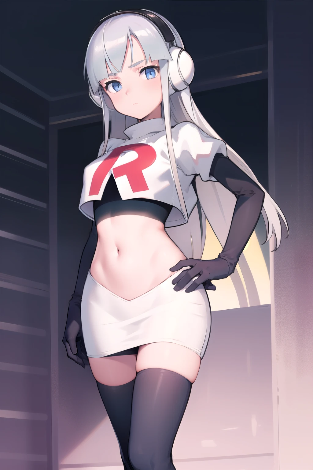 masterpiece, best quality, bw2elesa, silver hair, blue eyes, streaked hair, long sidelocks, hair ornaments, headphones, team rocket,team rocket uniform,white skirt,red letter R,crop top,black thigh-highs,black elbow gloves, looking at viewer,