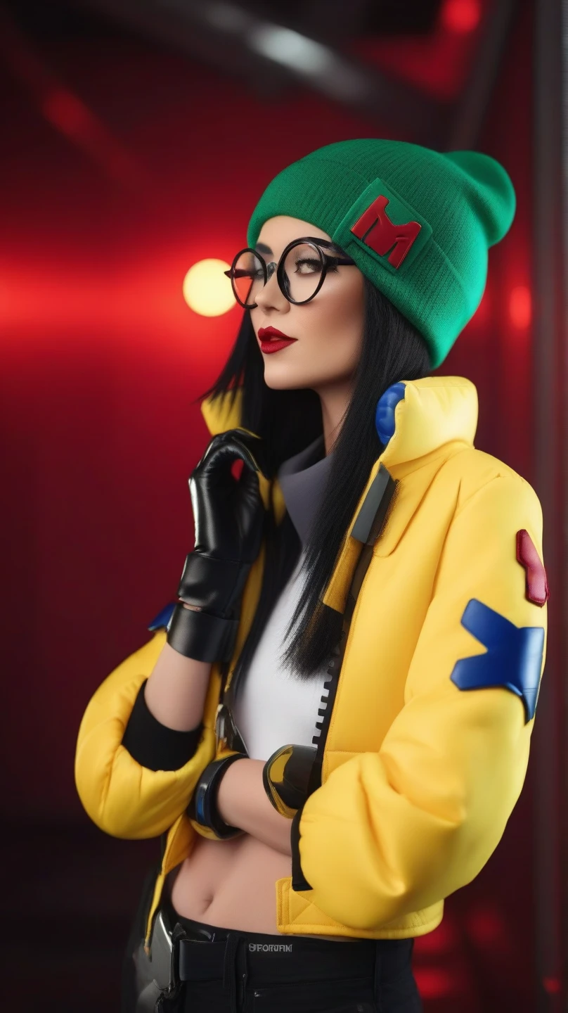 cinematic photo  a woman, yellow jacket, green beanie, full body, futuristic background .  red lipstick, 35mm photograph, film, bokeh, professional, 4k, highly detailed