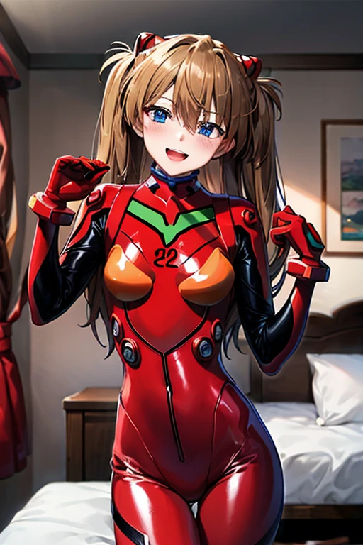 (( best quality)), ((masterpiece)), (be familiar with),  perfect face, indoor, bedroom,  viewer,
One woman,  Soryu Asuka Langley ,
 open mouth,  ecstatic expression with hands in front of body, blush, smile,
Small breasts,  flat chested, Young girl, Lori,  s,  girl,
 long hair,  twin tails,
Leg spread,