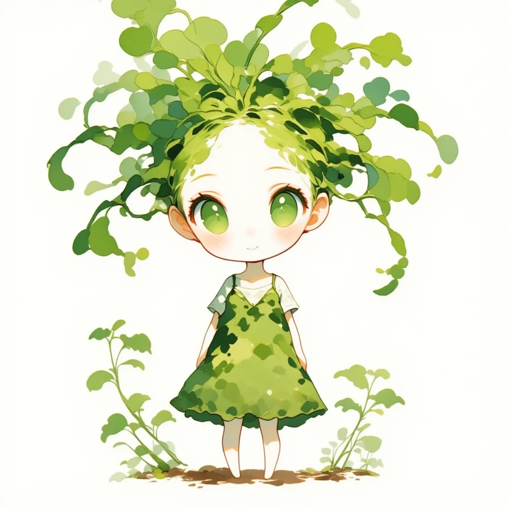 Chibi cute, 1 daikon lady, solo, full body, Standing, contrapposto, Green eyes, Green leaves long hair, bangs, pure white skin, wearing green camisole one-piece long dress over white short sleeve T-shirt, smile