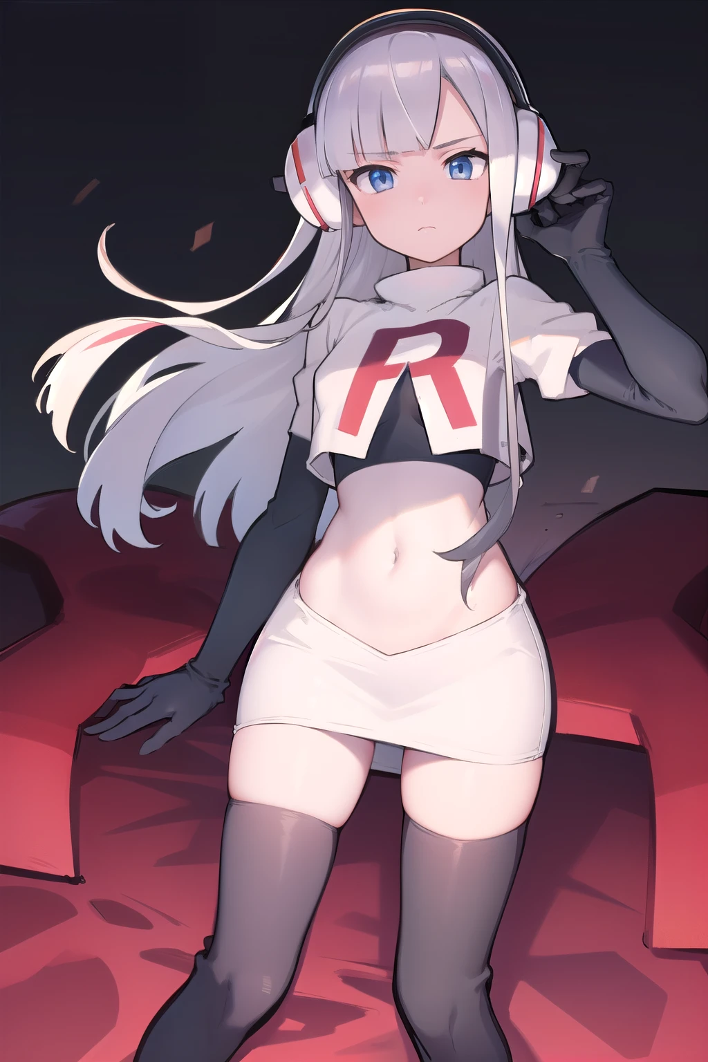 masterpiece, best quality, bw2elesa, silver hair, blue eyes, streaked hair, long sidelocks, hair ornaments, headphones, team rocket,team rocket uniform,white skirt,red letter R,crop top,black thigh-highs,black elbow gloves, looking at viewer, 