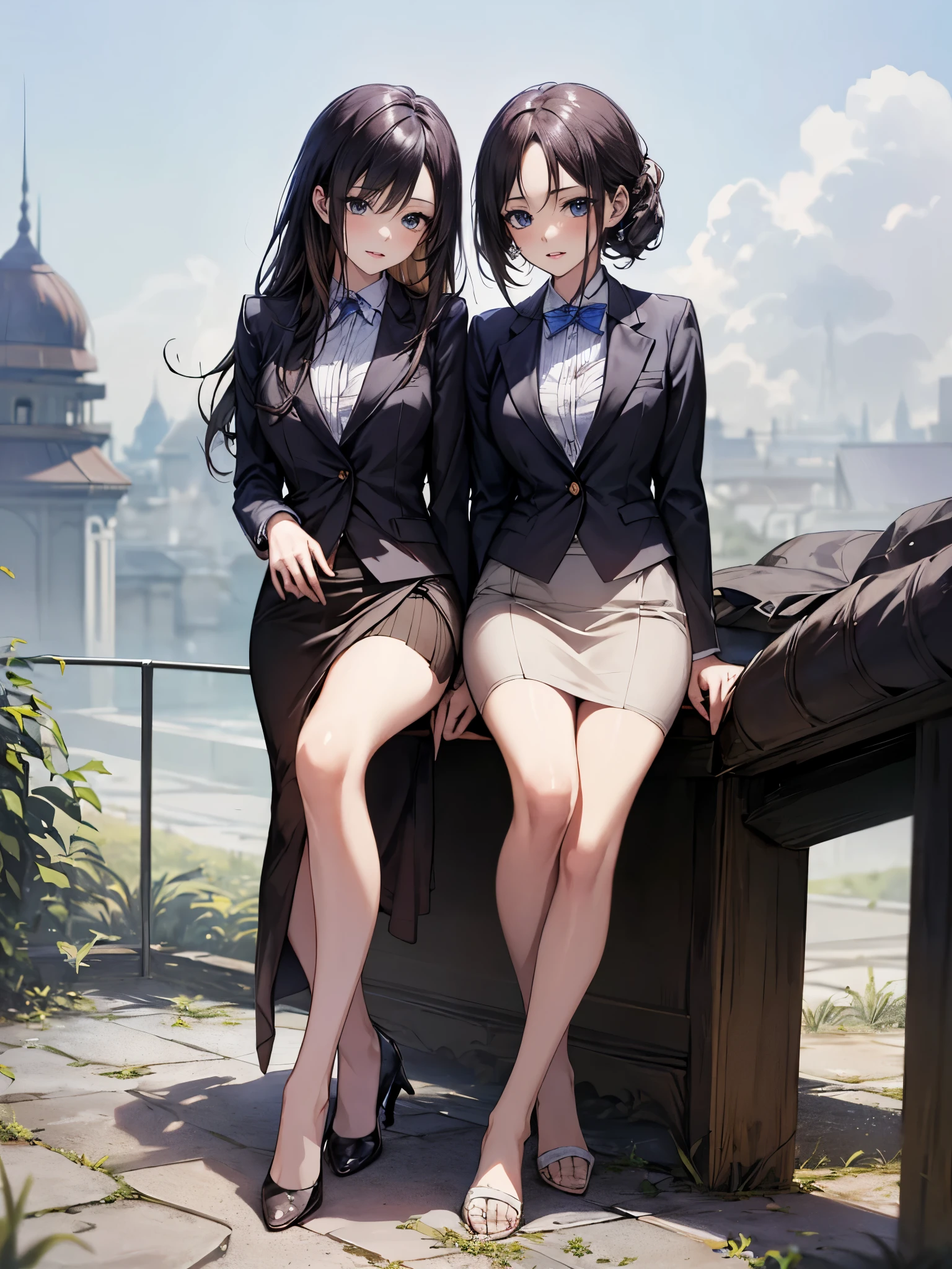 Two pretty girls, (real, high resolution: 1.4), girls, (natural light), (more face, more hair, more clothing), (medium breasts), (mouth open: 1.1), big eyes, slim, legs, medium hips, full body shot, one in black pencil skirt, one in white dress with stockings, standing, wavy hair, (point: 1.3)