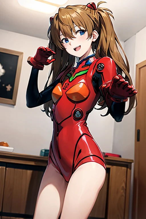 (( best quality)), ((masterpiece)), (be familiar with),  perfect face, indoor, bedroom,  viewer,
One woman,  Soryu Asuka Langley ,
 open mouth,  ecstatic expression with hands in front of body, blush, smile,
Small breasts,  flat chested, Young girl, Lori,  s,  girl,
 long hair,  twin tails,
Leg spread,