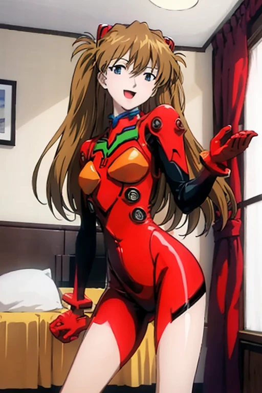 (( best quality)), ((masterpiece)), (be familiar with),  perfect face, indoor, bedroom,  viewer,
One woman,  Soryu Asuka Langley ,
 open mouth,  ecstatic expression with hands in front of body, blush, smile,
Small breasts,  flat chested, Young girl, Lori,  s,  girl,
 long hair,  twin tails,
Leg spread,