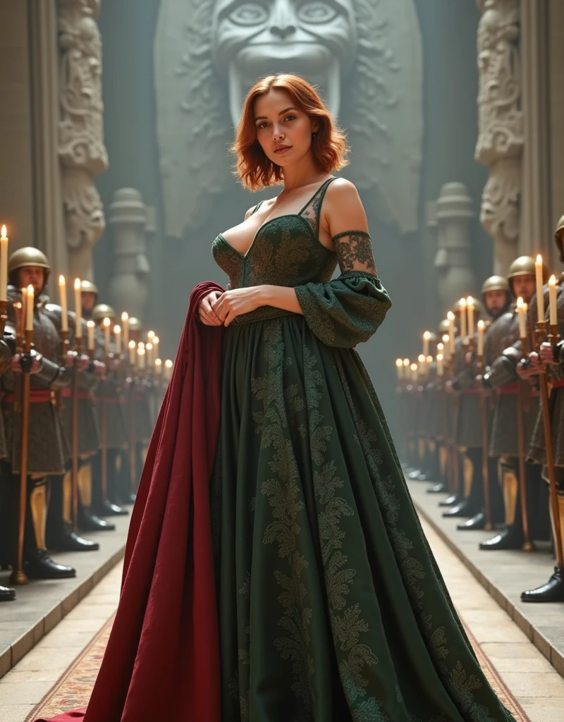 (fullbody shot:1.1): (long shot:1.1): (looks to viewer:1.1): generate landscape image, bright photo 1080P, beautiful XL-size woman 30-35 years 5.1ft with short dark red sort wavy hair her face is brightly lit, stands before the swords throne of Targaryen in bigges castle throne hall, wearing long dark green lace with rich embroidery off sholder nobile an ornate clothes deepest U-neckline biggest lush saggy abnormal breasts, armed with guards in knightly armor, carved in stone dragon face looking down at the queen behinde a throne, A beautiful Daenerys Targaryen aesthetic with short curly dark red hair, she is wearing dark green royal armor with a dark red nobile an ornate cloak, high leather boots, She is standing to the Iron Throne in a great throne hall, The walls are decorated with candles ,long camera shot from front the character, the light is directed at her face, her face is brightly lit, ((best qualityer)) , (detailded), Dazzling Visenya Targaryen, black dragon armor, Valerian steel Sword, Recreate various painters of the painter Caravaggio, best qualityer, Closed environment, day ambience, brightest light, stars in the sky, Masterpiece artwork, high resolution, 8k, hyper-realistic image, professional photo, PICTURE REALISTIC, full body view, front angle shot, best qualityer, Masterpiece artwork, high resolution, 8k, hyper-realistic image, professional photo, PICTURE REALISTIC, full body view, front angle shot