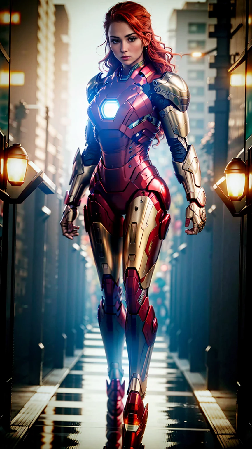 Highly detailed, cinematic, realistic. A stunning red-haired woman with vibrant green eyes wearing a sleek, customized Iron Man suit designed with elegant and feminine curves. The suit features intricate metallic details, glowing green energy cores, and accents that complement her striking hair and eyes. She stands confidently in a bustling futuristic street, inspired by Mass Effect, with neon signs and advanced technology in the background. The suit's form-fitting design emphasizes a balanced and athletic build, blending power and grace. Rendered in ultra-high resolution with soft natural lighting, realistic reflections on the suit, and photorealistic textures. (8k, ultra high-resolution, cinematic, natural colors:1.3).