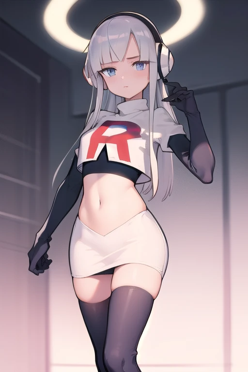 masterpiece, best quality, bw2elesa, silver hair, blue eyes, streaked hair, long sidelocks, hair ornaments, headphones, team rocket,team rocket uniform,white skirt,red letter R,crop top,black thigh-highs,black elbow gloves, looking at viewer, 