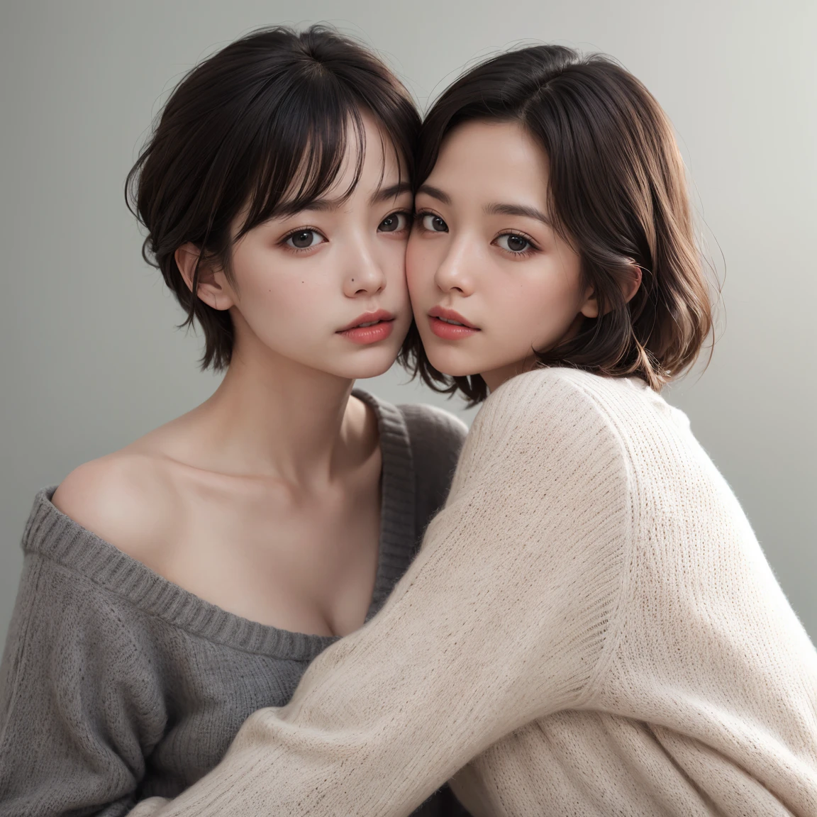 Best quality, masterpiece, ultra high res, (photorealistic:1.5), raw photo, (two girls is deeply in love with each other, kiss:1.2), offshoulder, in the dark, deep shadow, low key, cold light, sexy look, short hair